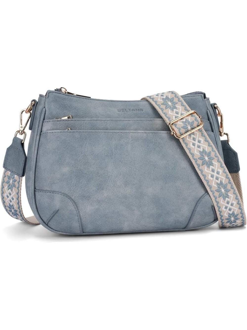 Women’s Blue Vegan Leather Hobo Strap Purse Multi Pocket Handbag Crossbody Bag